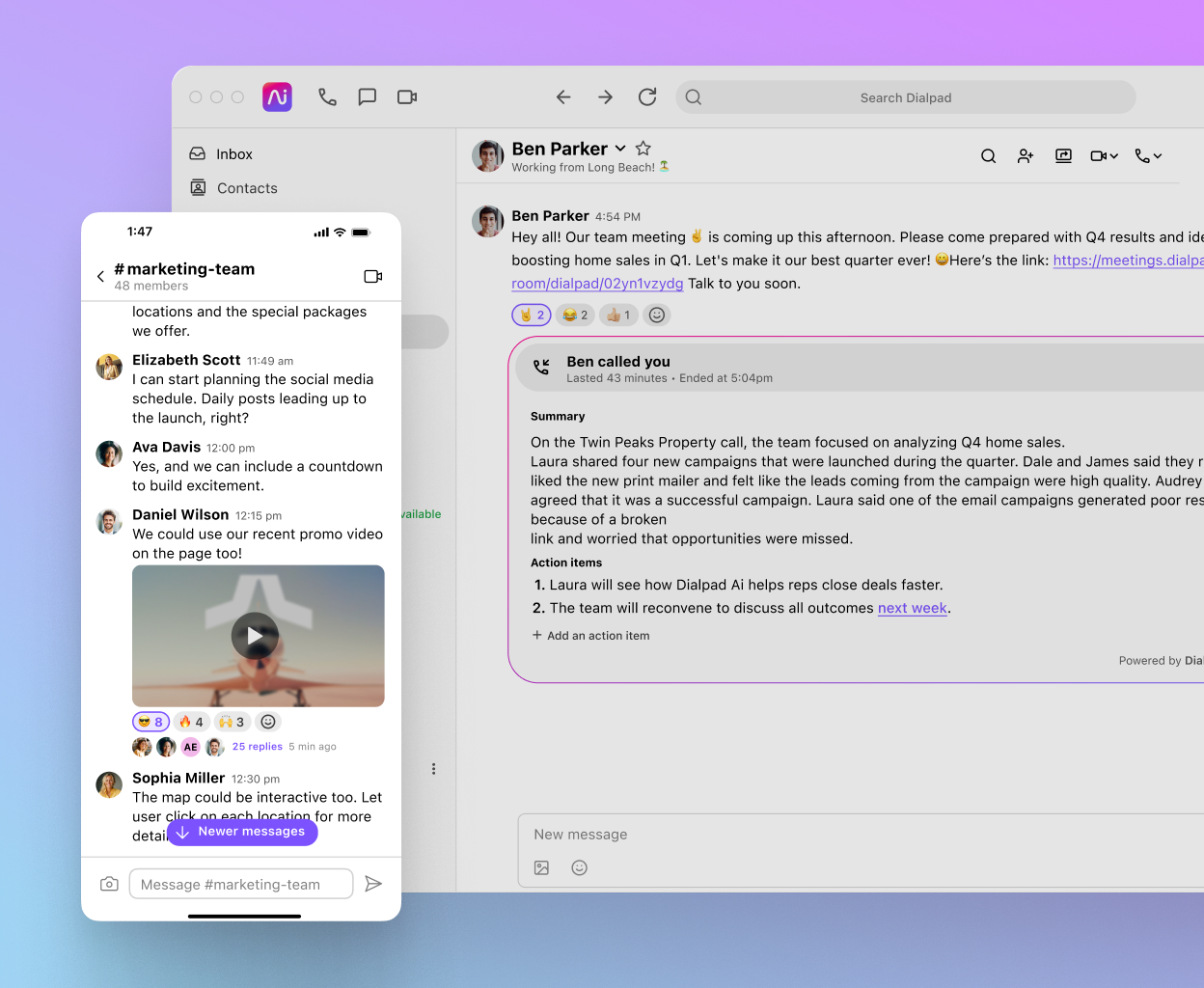 An in-meeting chat on a video call using Dialpad's communications platform.
