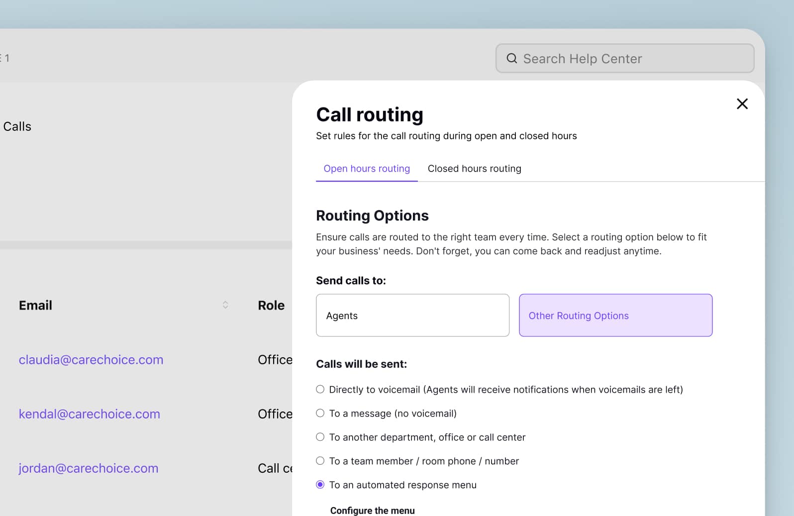 Screenshot of Dialpads call routing options