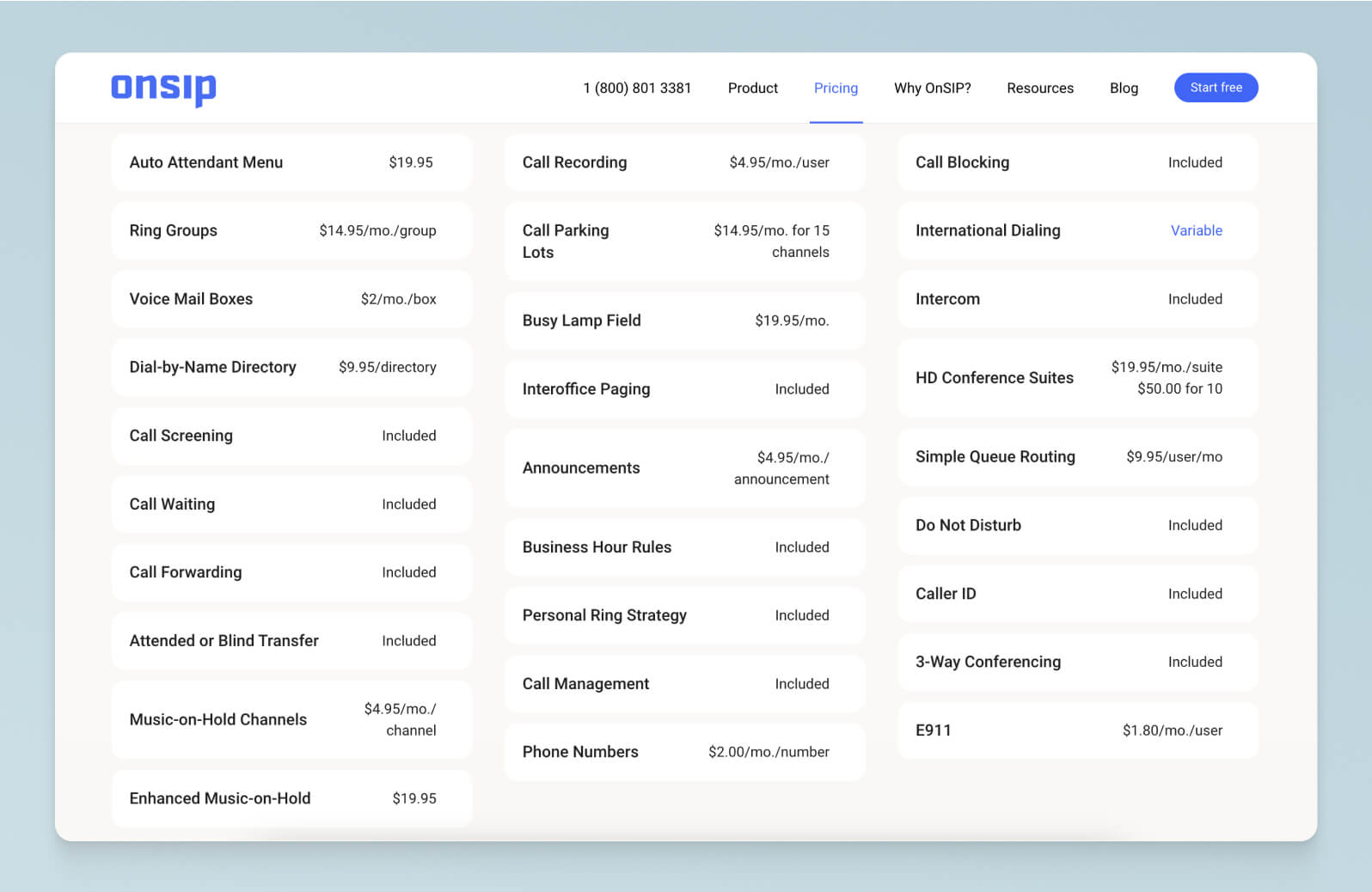 Screenshot of Onsip pricing page