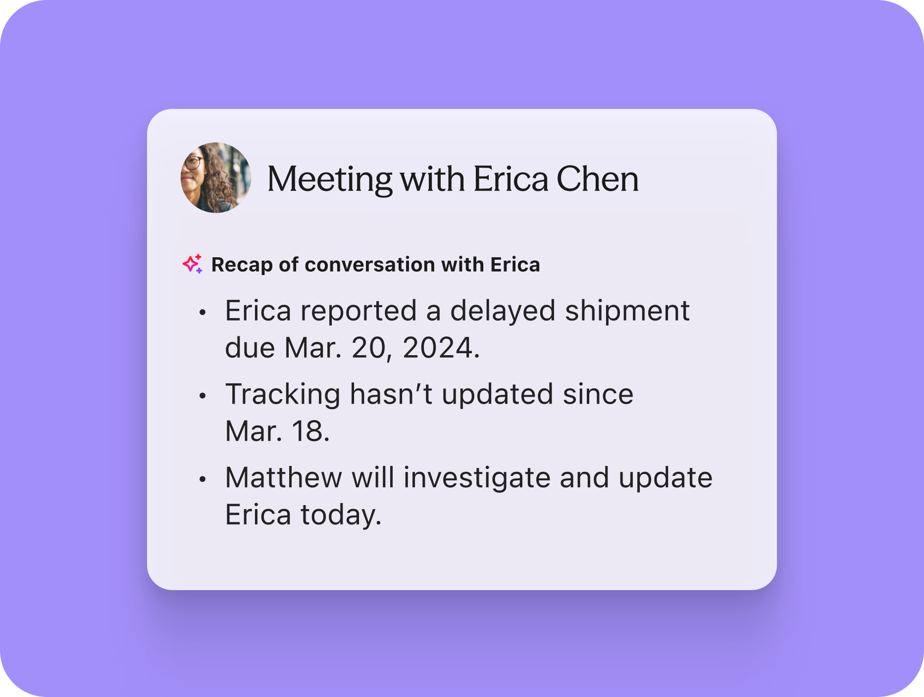 Screenshot of an Ai Recap of a meeting between a contact center agent and a customer