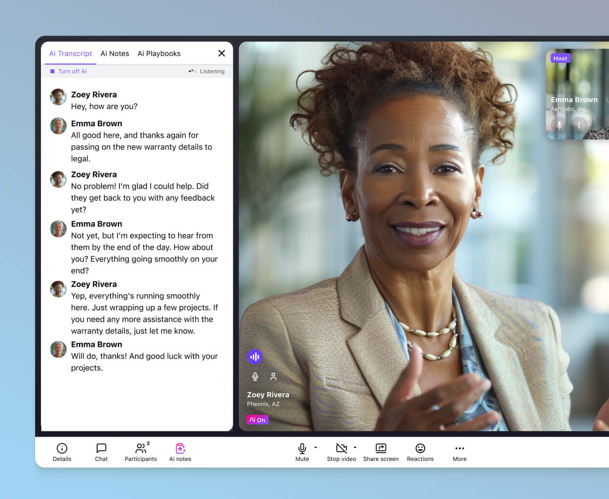 Screenshot of Dialpad AI transcribing a video call in real time