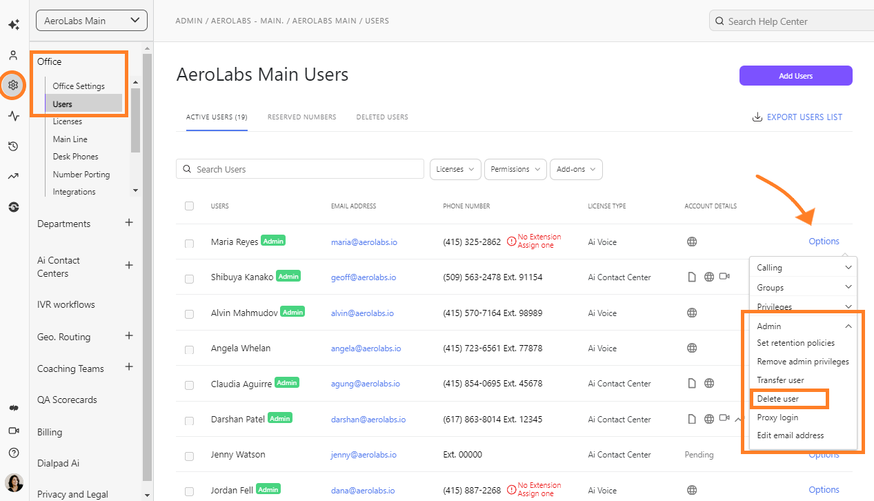 Where to delete a user in the admin screen