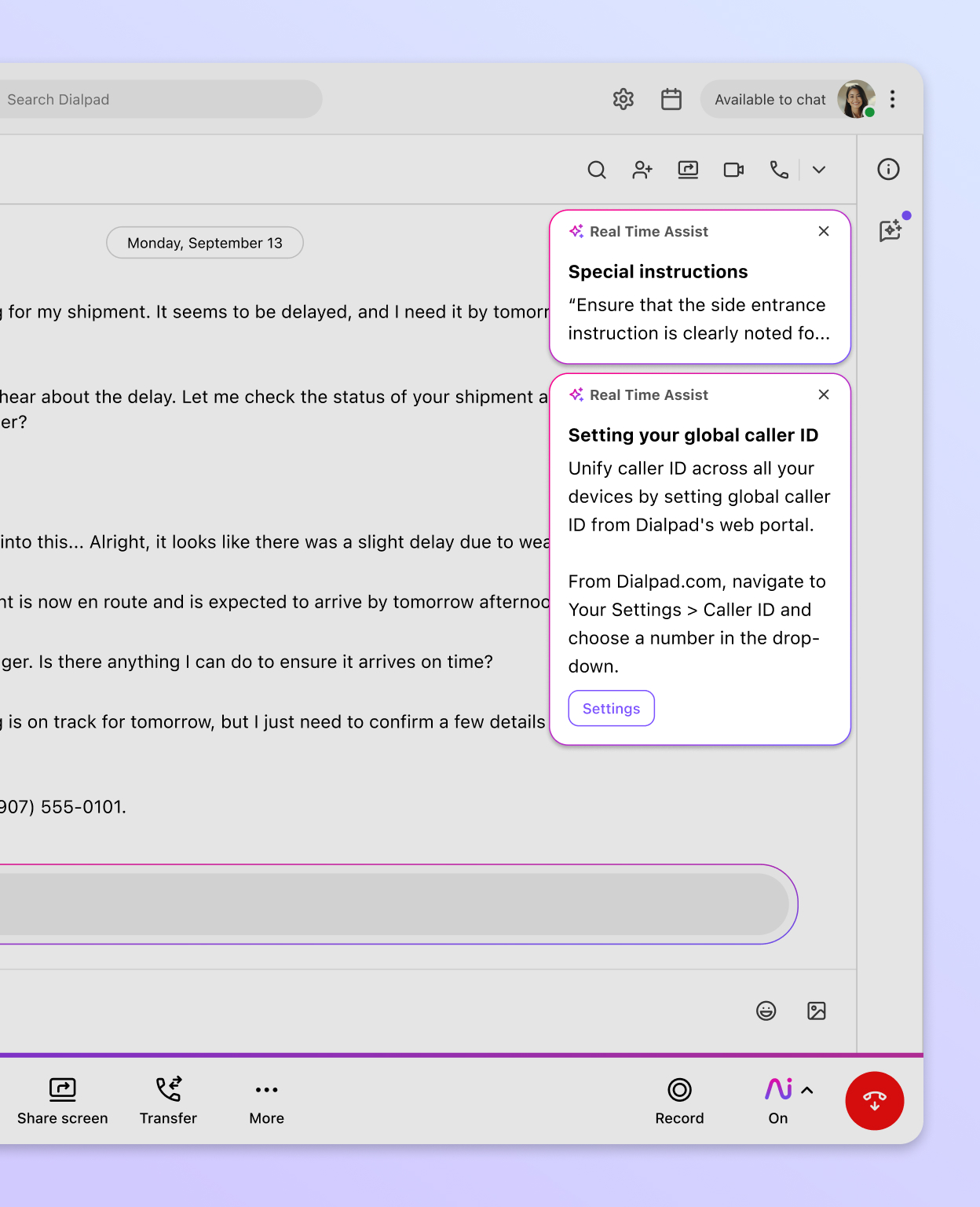 Screenshot of Dialpads real time assist card feature popping up helpful notes for an agent or rep when a tricky question comes up on a call