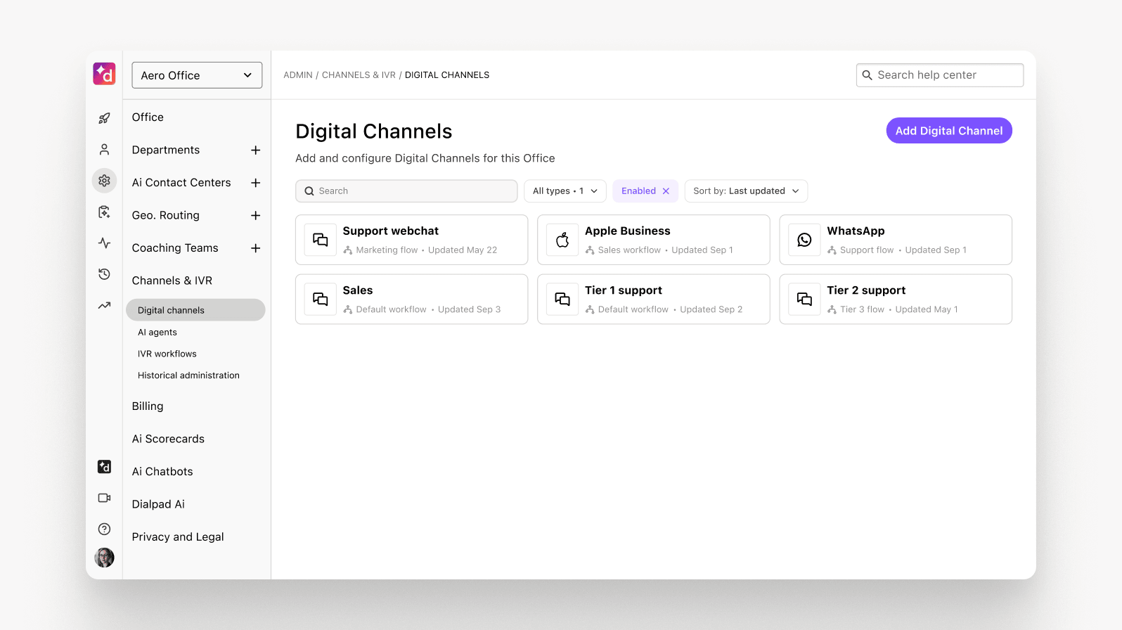 Screenshot of Dialpad digital channels