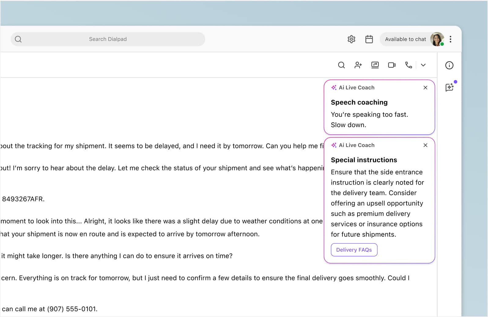 Screenshot of Dialpad Ai Live Coach automatically appearing on agents screens during a call