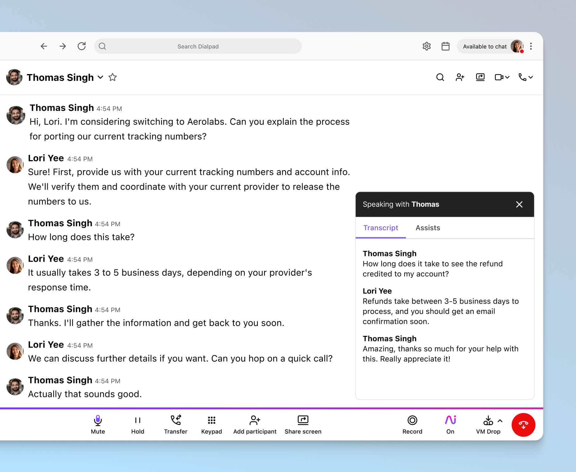 Screenshot of Dialpad AI transcribing a phone call in real time