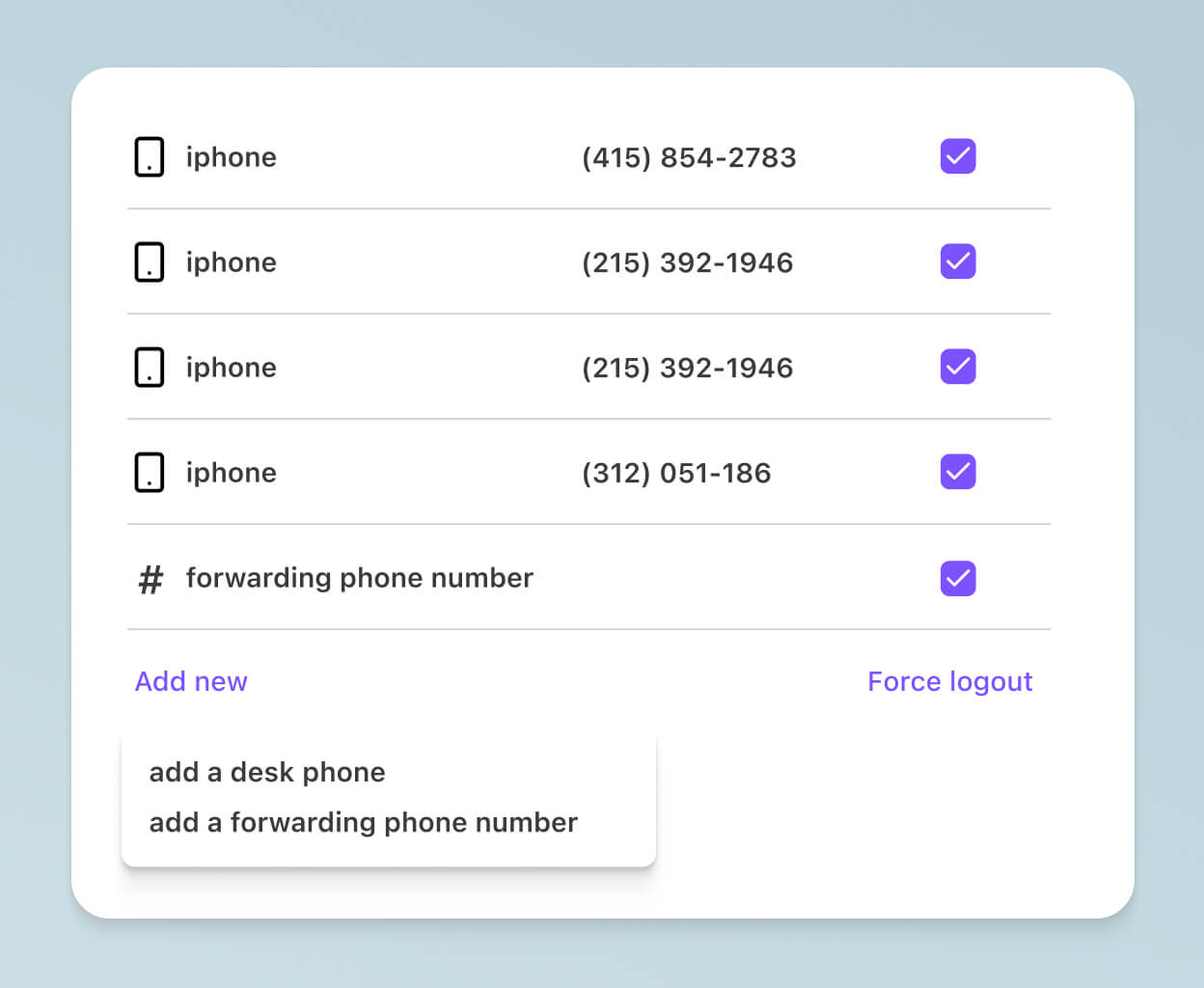 Screenshot of adding a call forwarding number from Dialpad’s online dashboard.