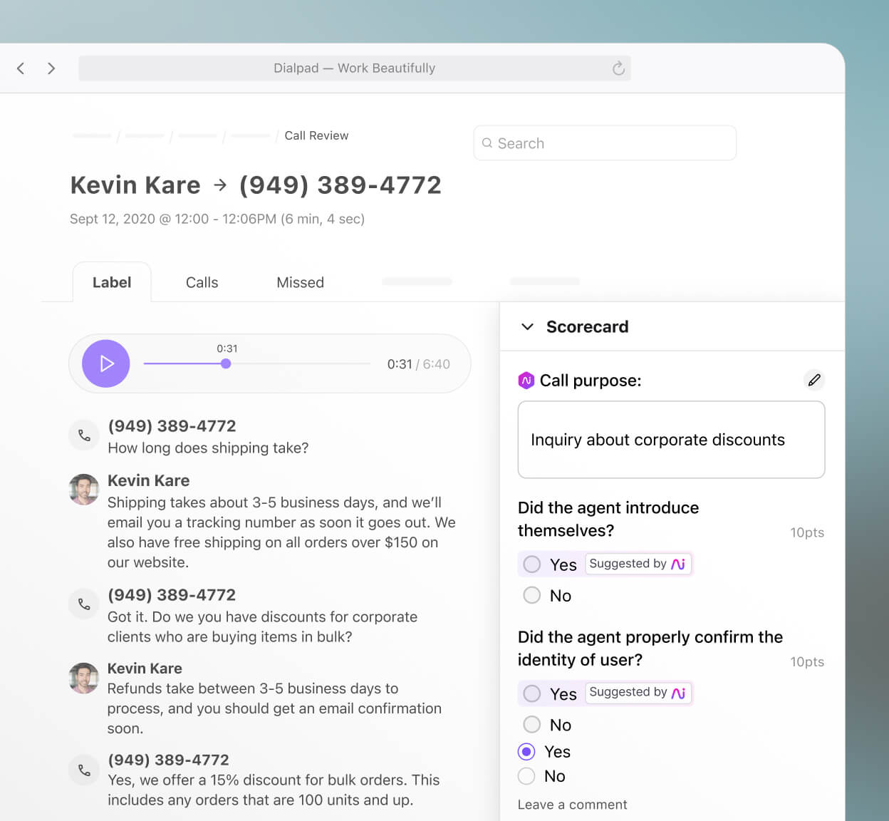 Screenshot of Dialpad Ai Scorecards feature