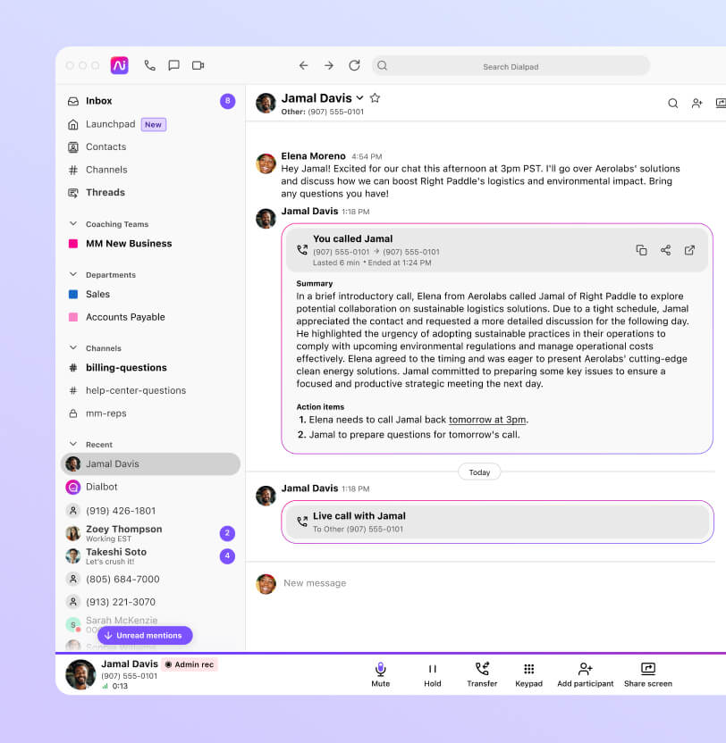 Screenshot of Dialpad Ai Recaps generating a summary and action items after a phone call ends