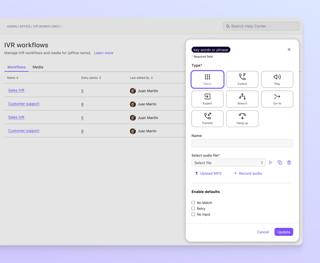 Screenshot of setting up an IVR flow in Dialpads online dashboard