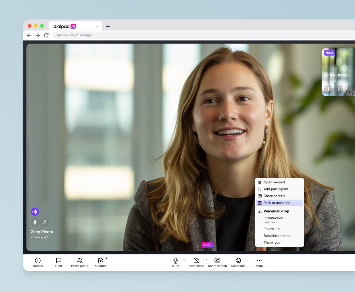 Screenshot of Dialpad's video conferencing interface displayed in a browser, showing a video feed with two participants