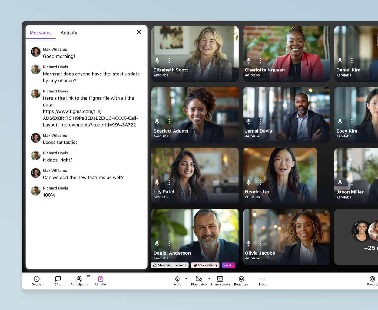 Screenshot of the in-meeting chat feature in Dialpad, showcasing group messaging during a conference call