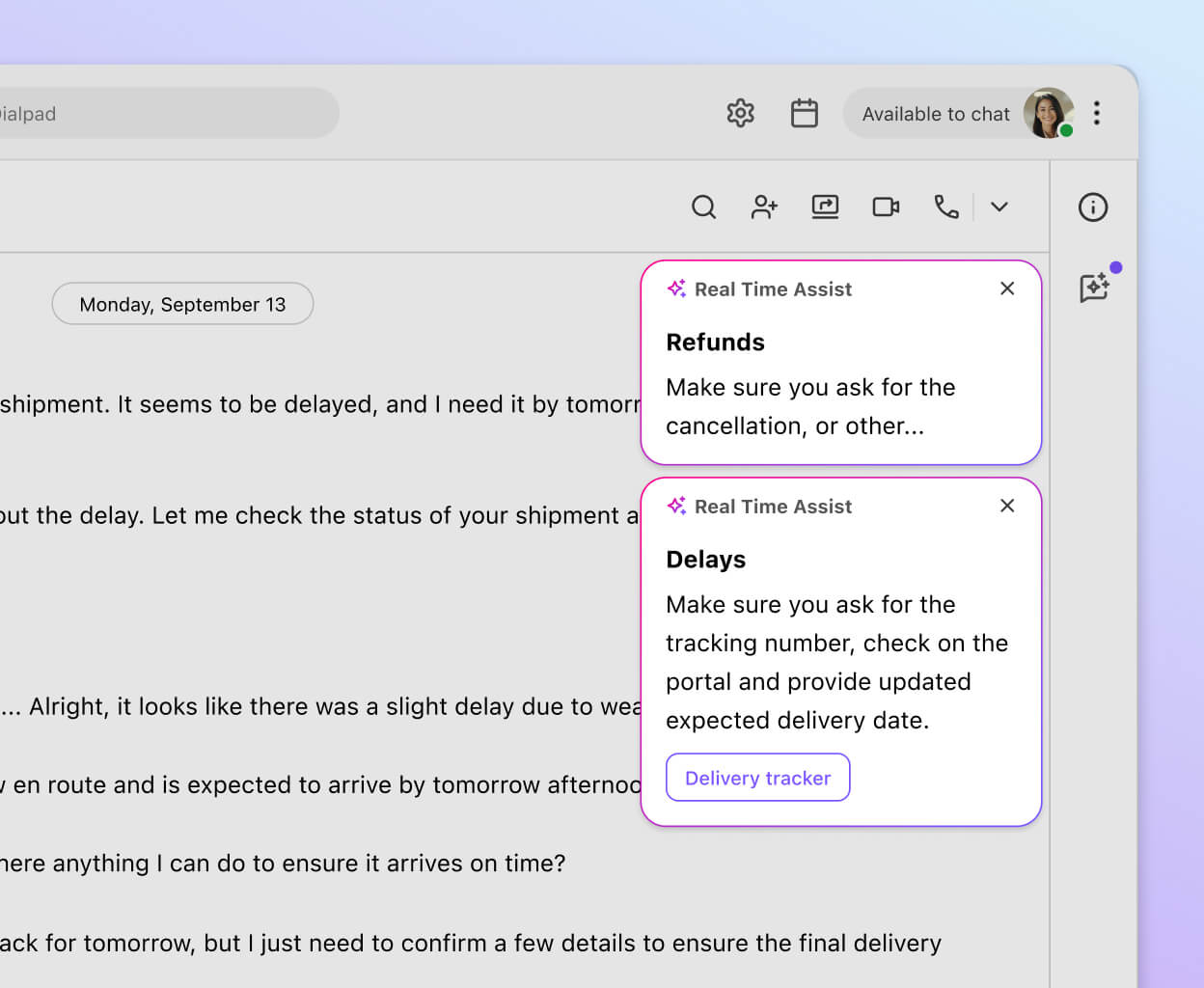 Screenshot of Dialpads real time assist card feature popping up helpful notes for an agent or rep when a tricky question comes up on a call