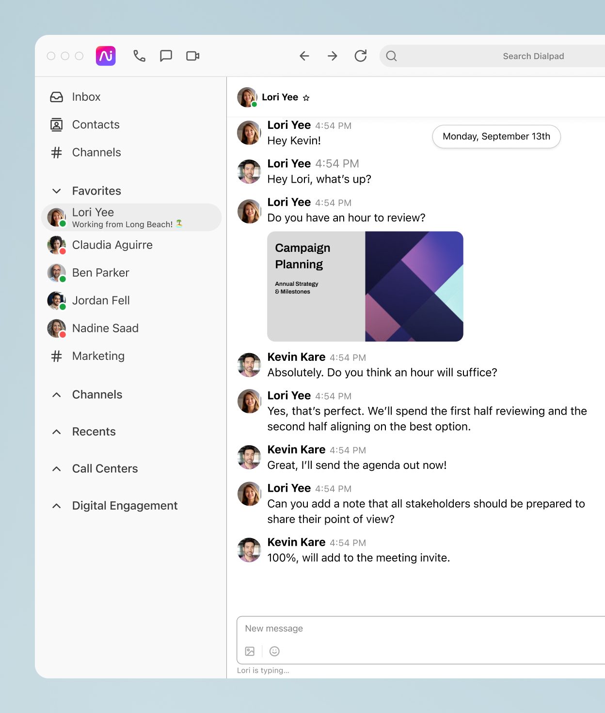Screenshot of business text messaging features in Dialpad's desktop application