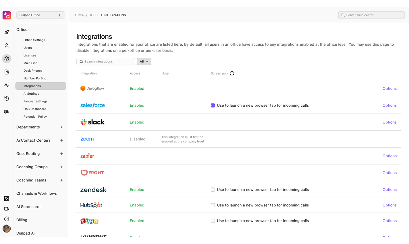 Google Conversational Agent (Dialogflow) on admin integration page
