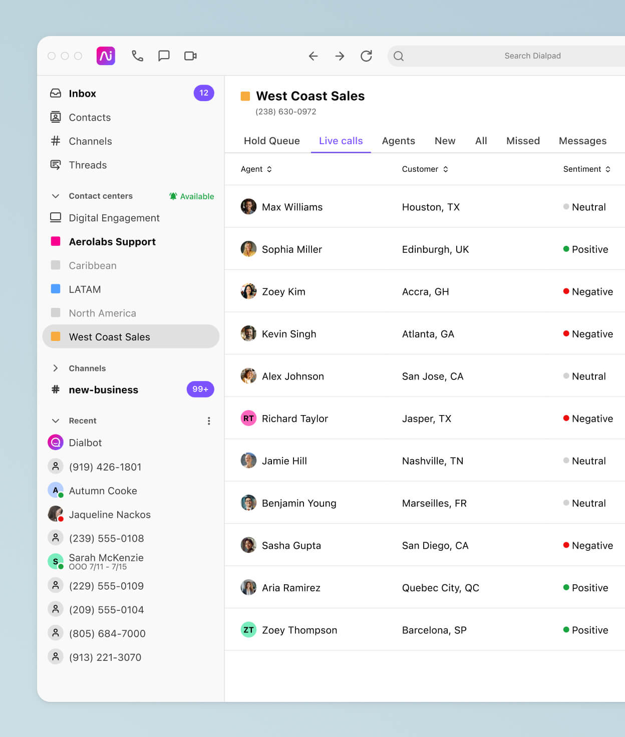Screenshot of Dialpad Ai analyzing the sentiment of multiple calls in real time