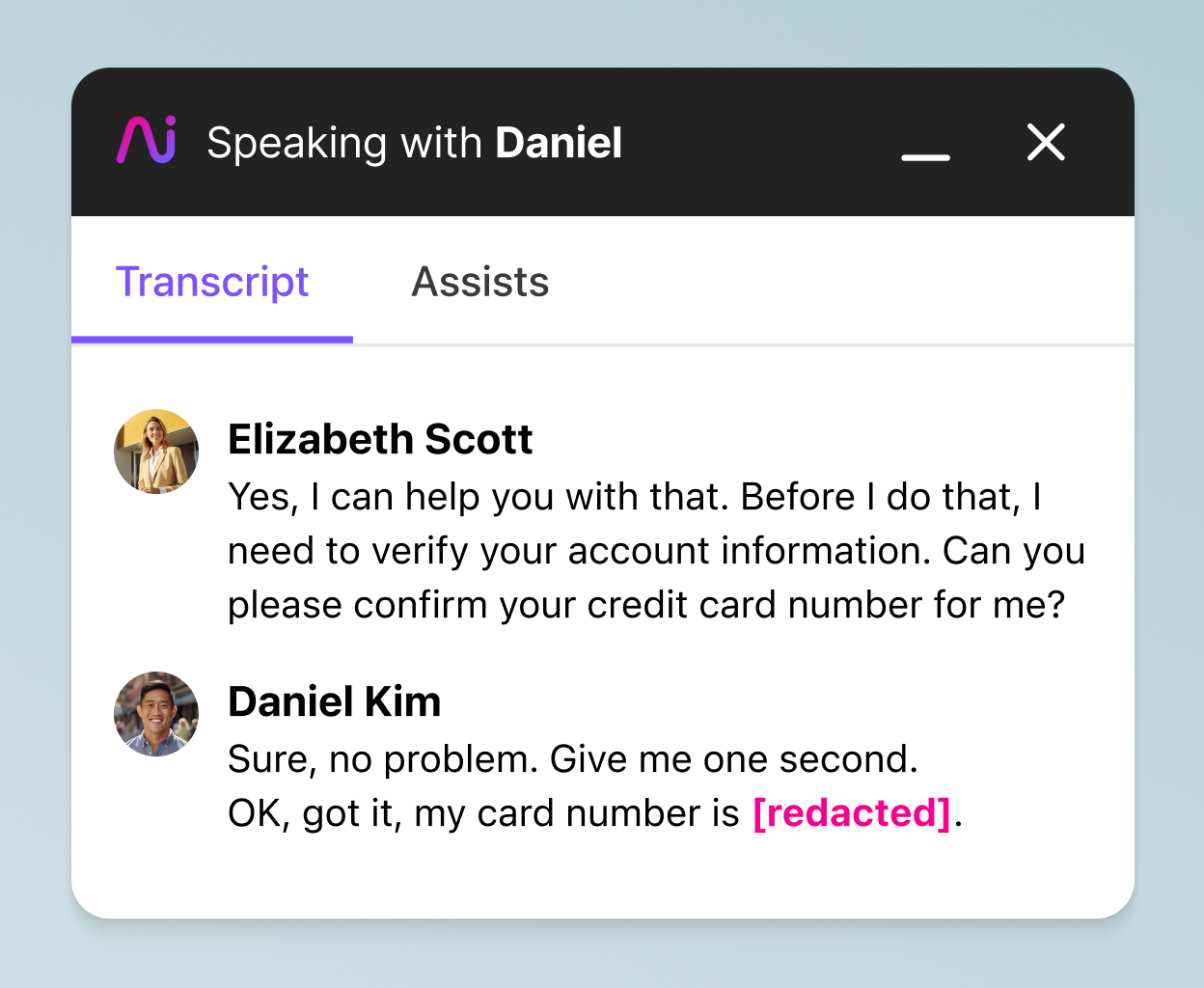Screenshot of Dialpad AI transcribing a phone call in real time