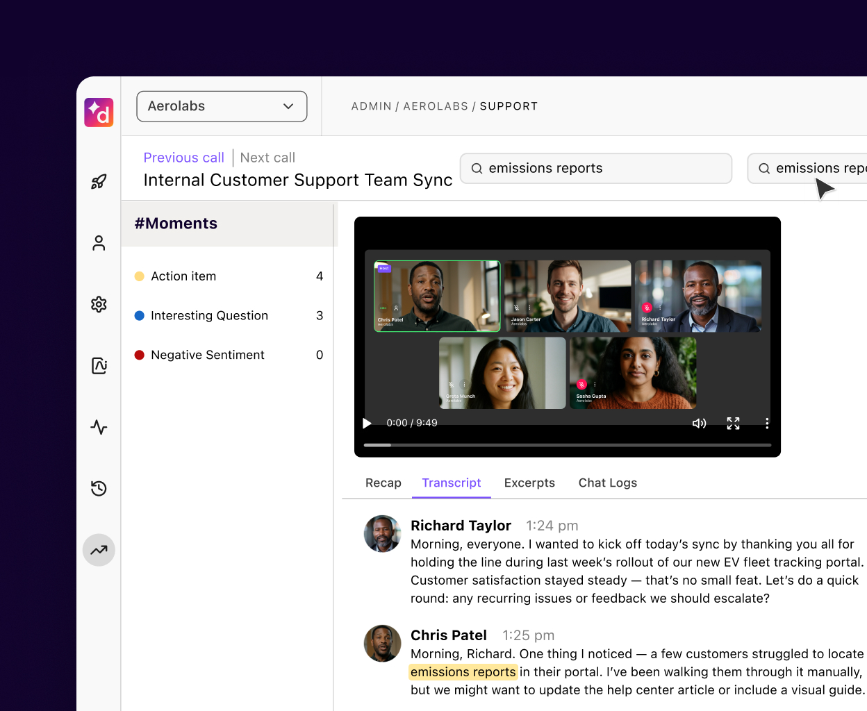 Screenshot of Dialpad's AI-powered post-call summary with transcript, recording, and action items.