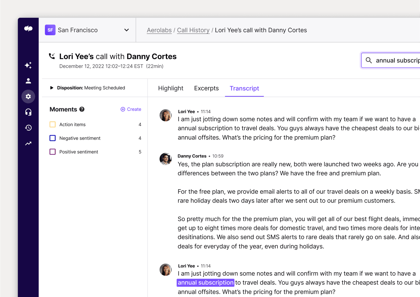 Screenshot of Dialpad's AI-powered post-call summary with transcript, recording, and action items.