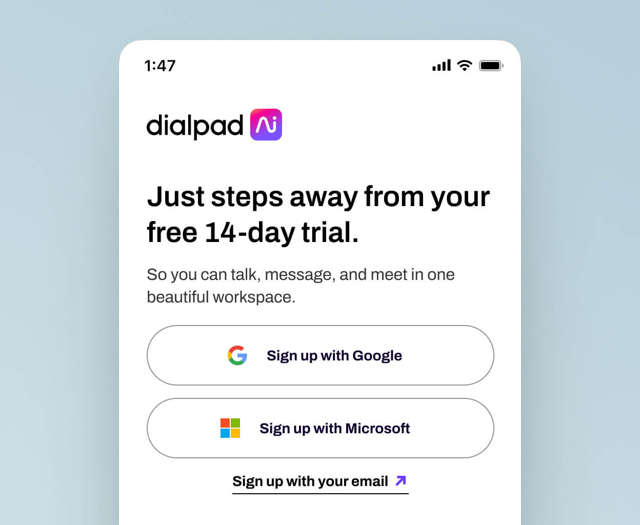 Screenshot of the free trial sign-up page on Dialpad's mobile interface