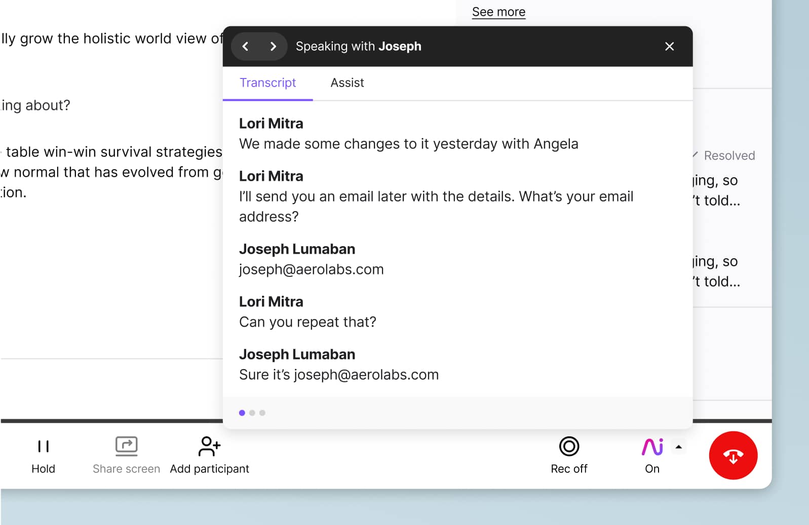 Screenshot of Dialpad Ai transcribing a phone call in real time