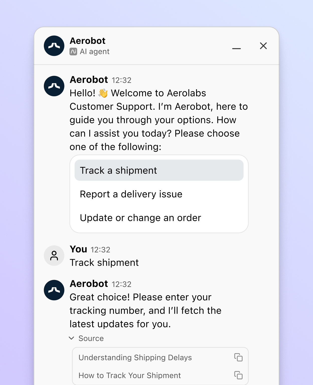 Screenshot of the Dialpad AI Agent assisting a customer with shipment tracking