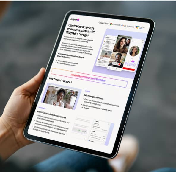 A tablet showing Dialpad + Google brochure