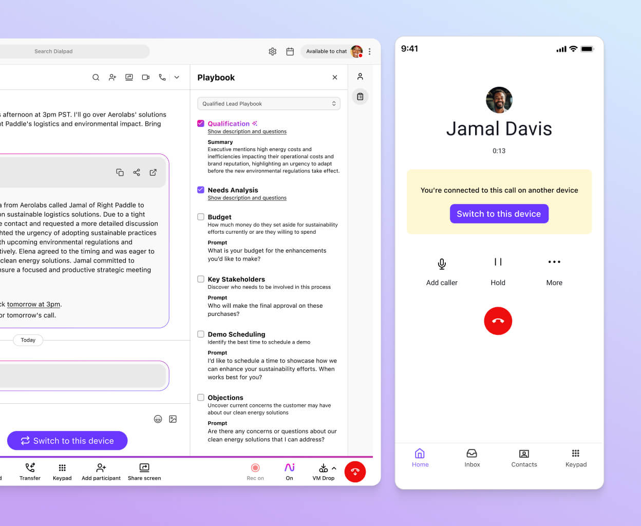 A phone call happening simultaneously on Dialpad’s desktop app and cell phone app