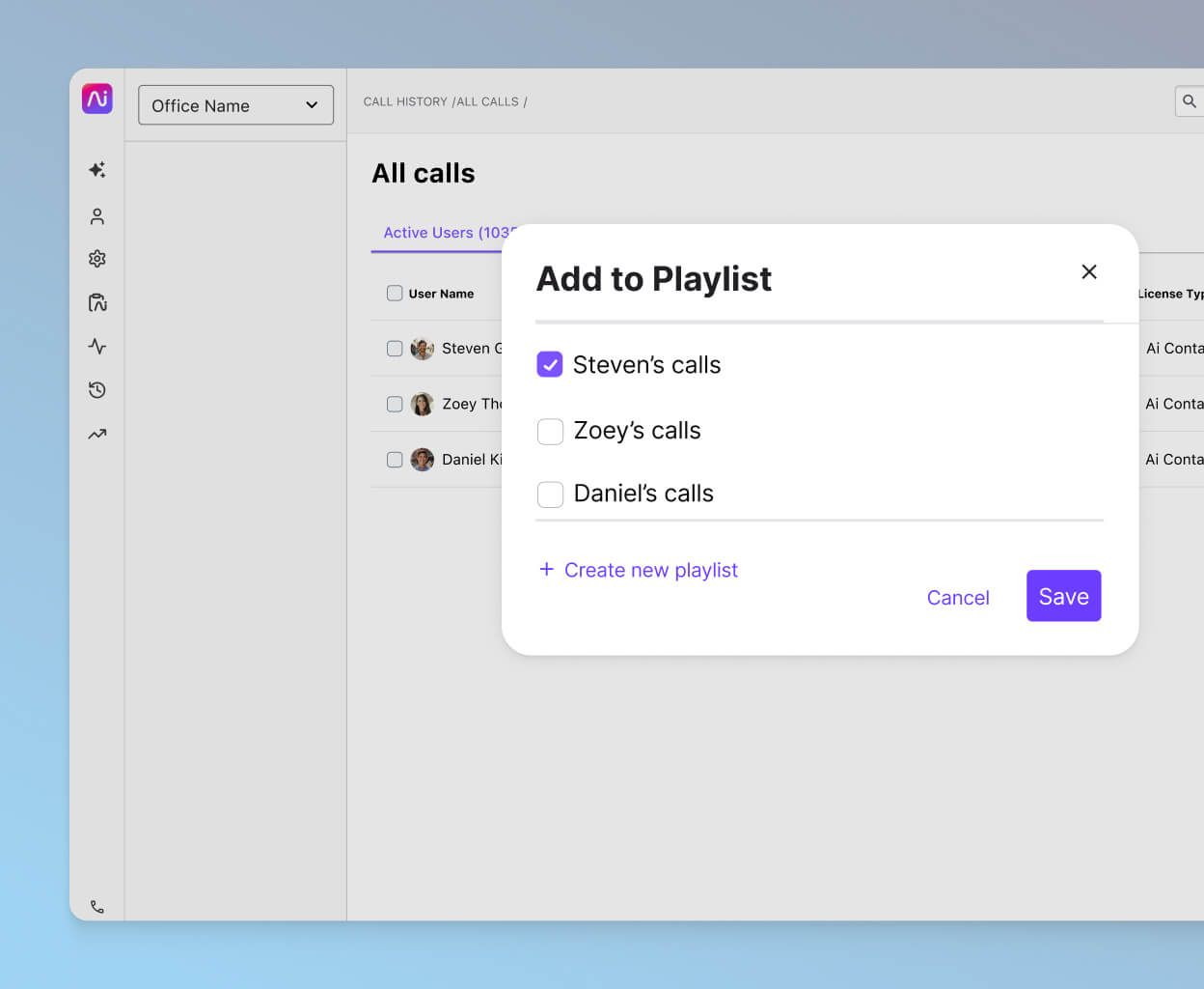 Screenshot of creating a coaching call recording playlist in Dialpad app