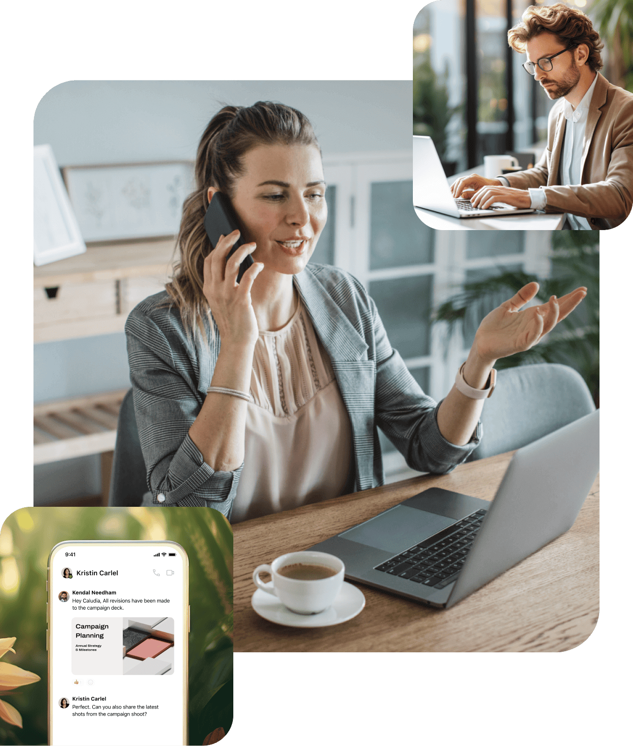 A lady using her mobile device and laptop