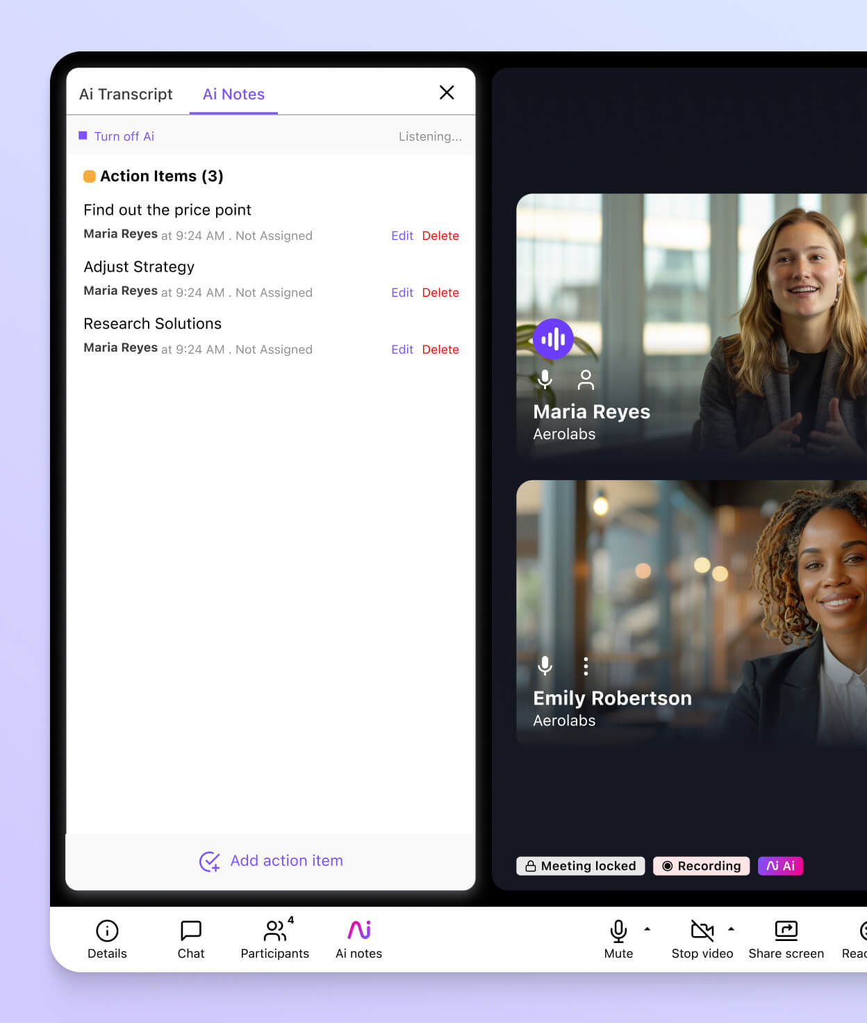 Screenshot of Dialpad AI Recaps creating action items in real-time during a video call