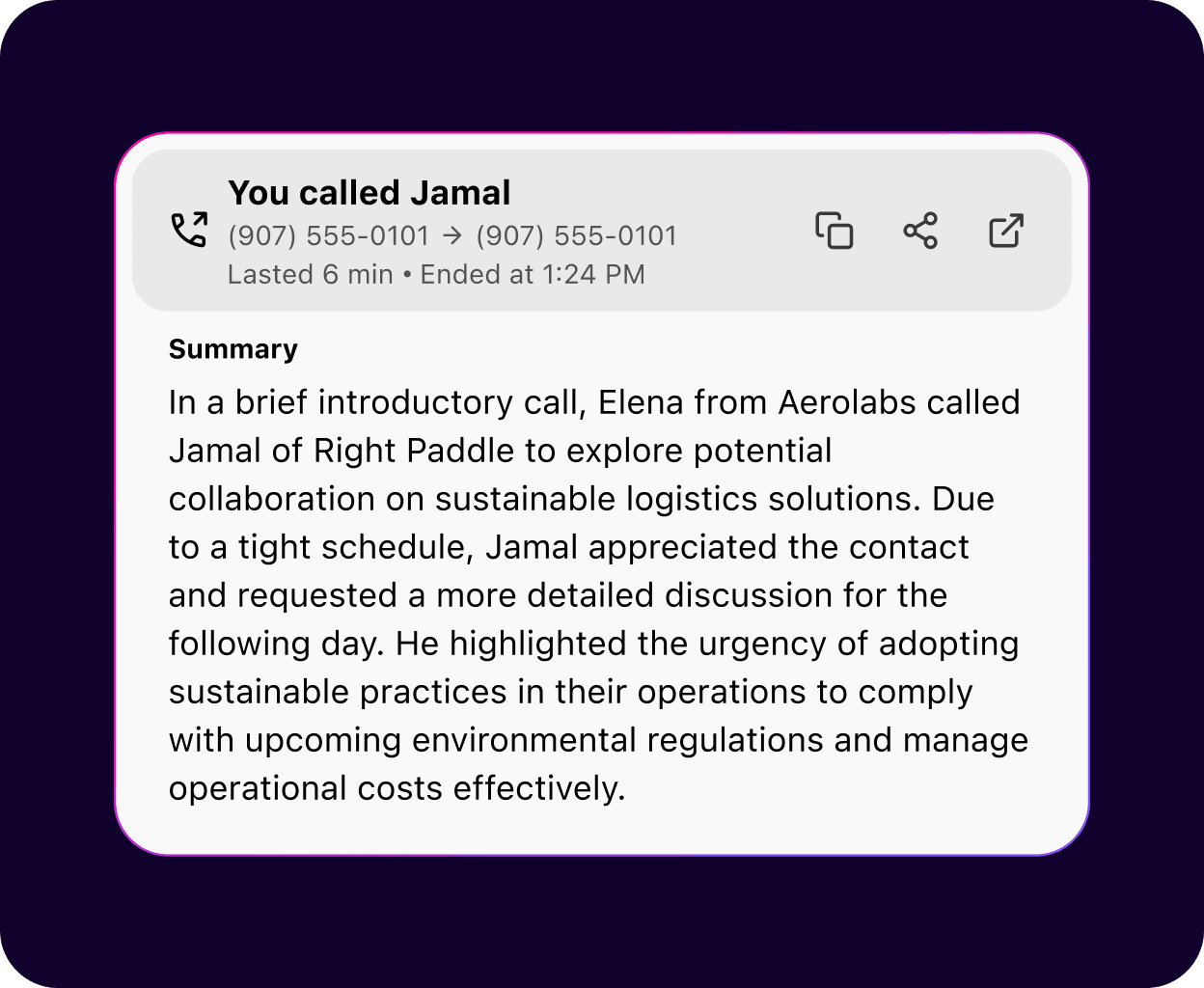 Screenshot of Dialpad AI Recaps generating a summary after a phone call ends