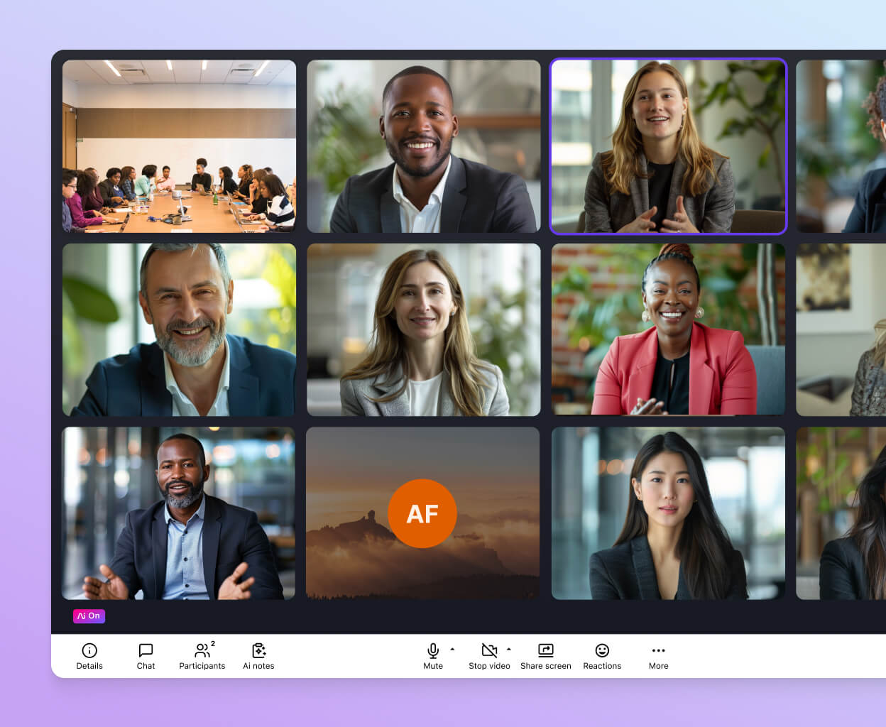 Screenshot of Dialpad's video conferencing feature in grid view, displaying multiple participant video feeds