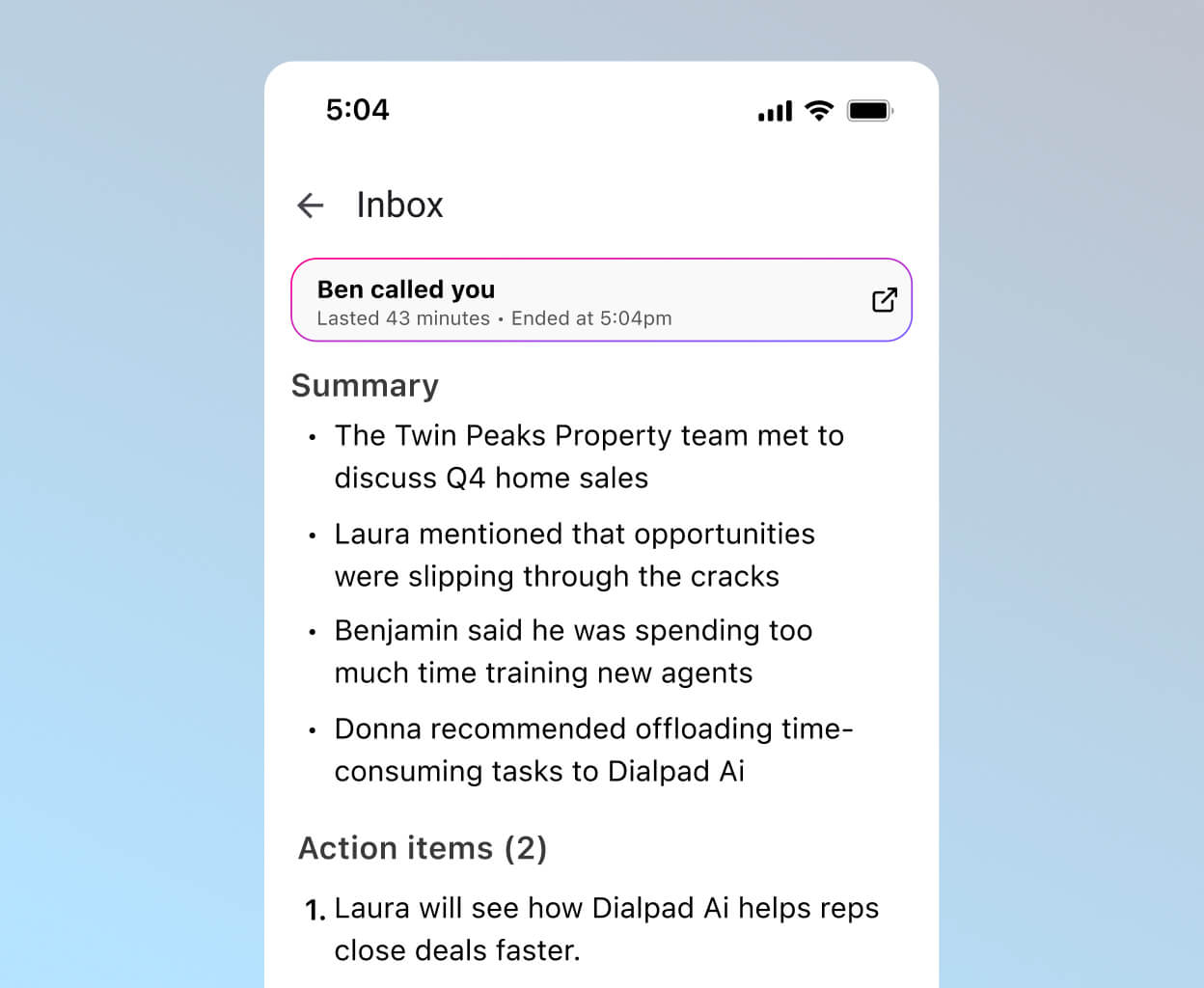 Screenshot of Dialpad AI Recaps generating a summary and action items after a phone call ends