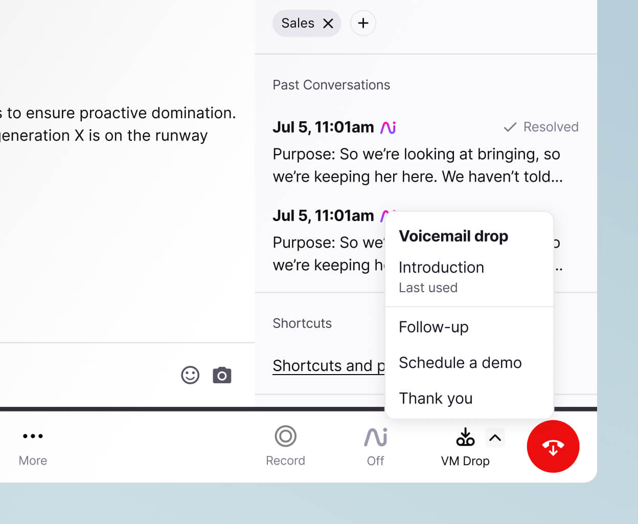Screenshot of Dialpad's voicemail drop feature, which lets sales reps drop in a pre-recorded message when they hit prospects' voicemails