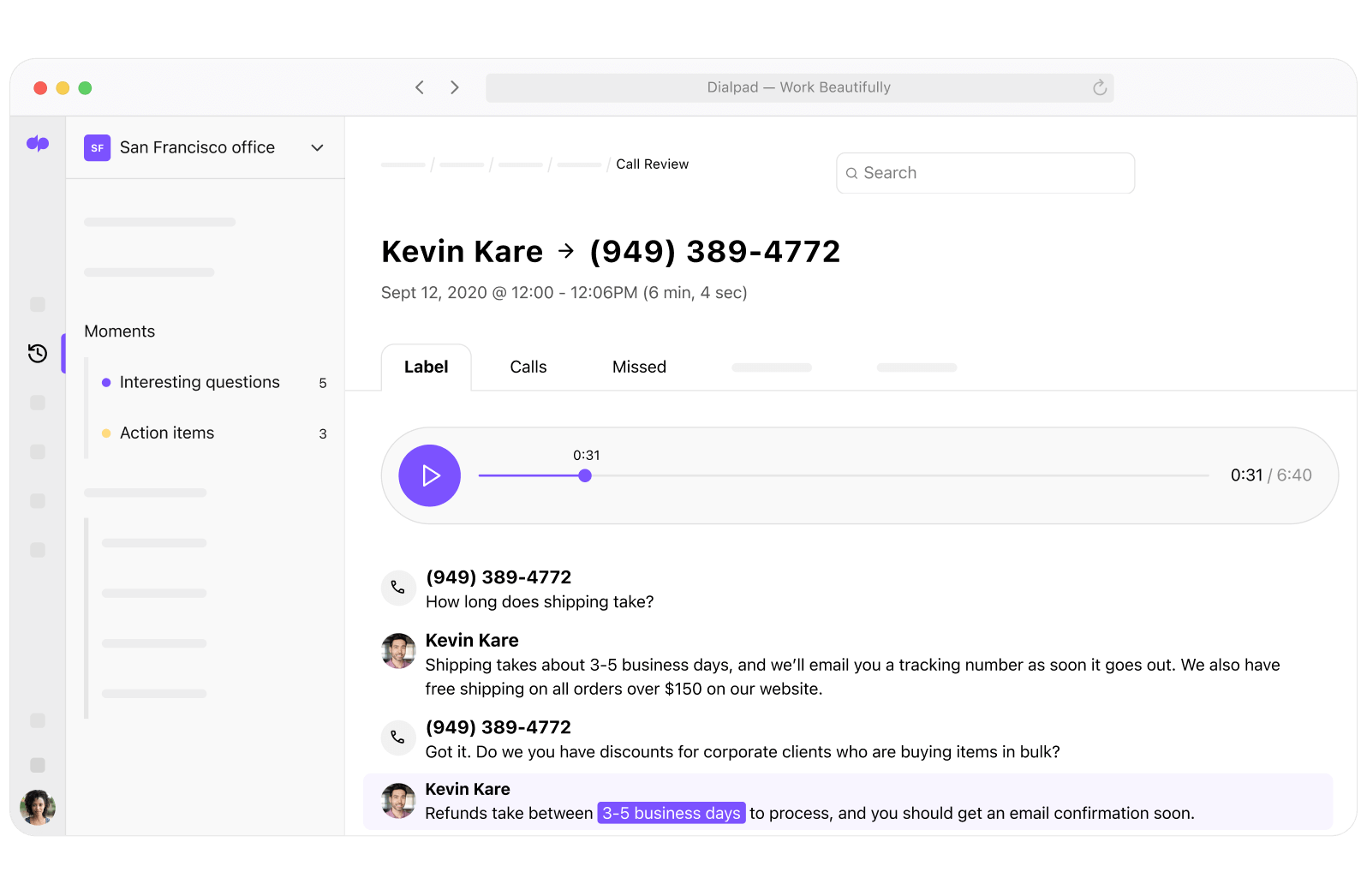 Screenshot of Dialpads AI-powered post-call summary with transcript and recording
