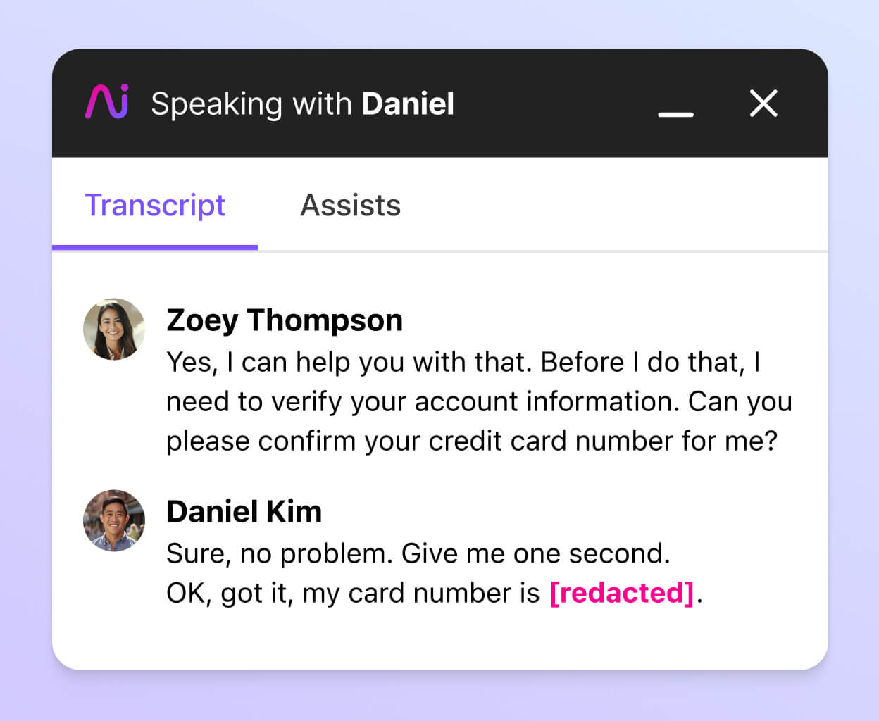 Screenshot of Dialpad AI redacting PII in a live call transcript in real-time