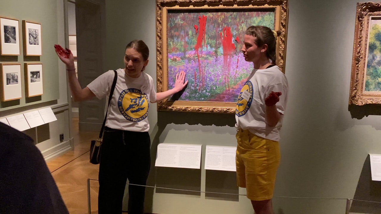 Swedish environmental protesters glue hands to Monet painting, smear paint to protest climate change: video