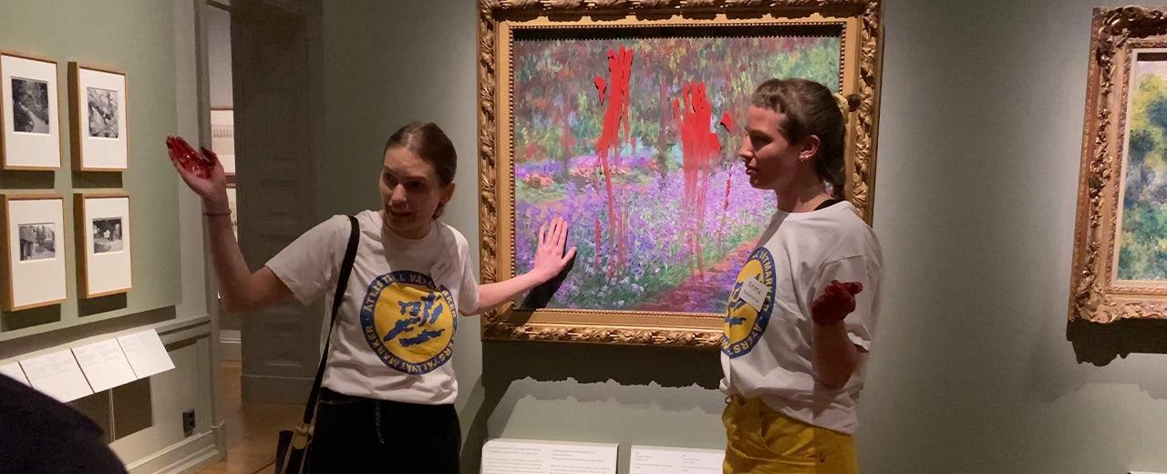 Swedish environmental protesters glue hands to Monet painting, smear paint to protest climate change: video