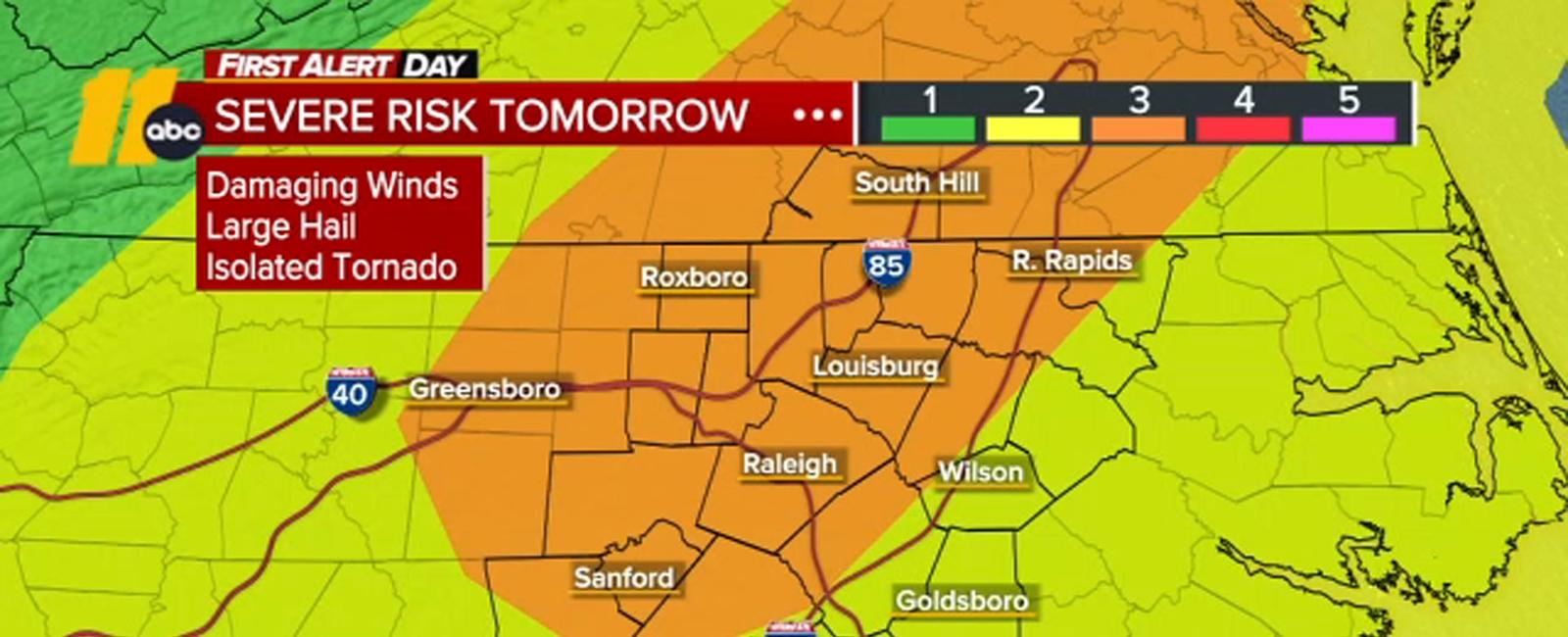NC weather: Level 3 risk of severe storms Monday -- strong wind, damaging hail most likely threats; flooding, tornados less likely