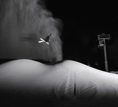Trew skier Colter Hinchliffe on the Powfish skis, photographed by Matt Power