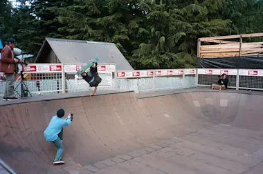 Mike Rav performs for the cameras at HCSC skatepark in Government Camp