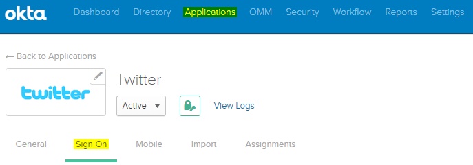 Okta Application sign on for Twitter