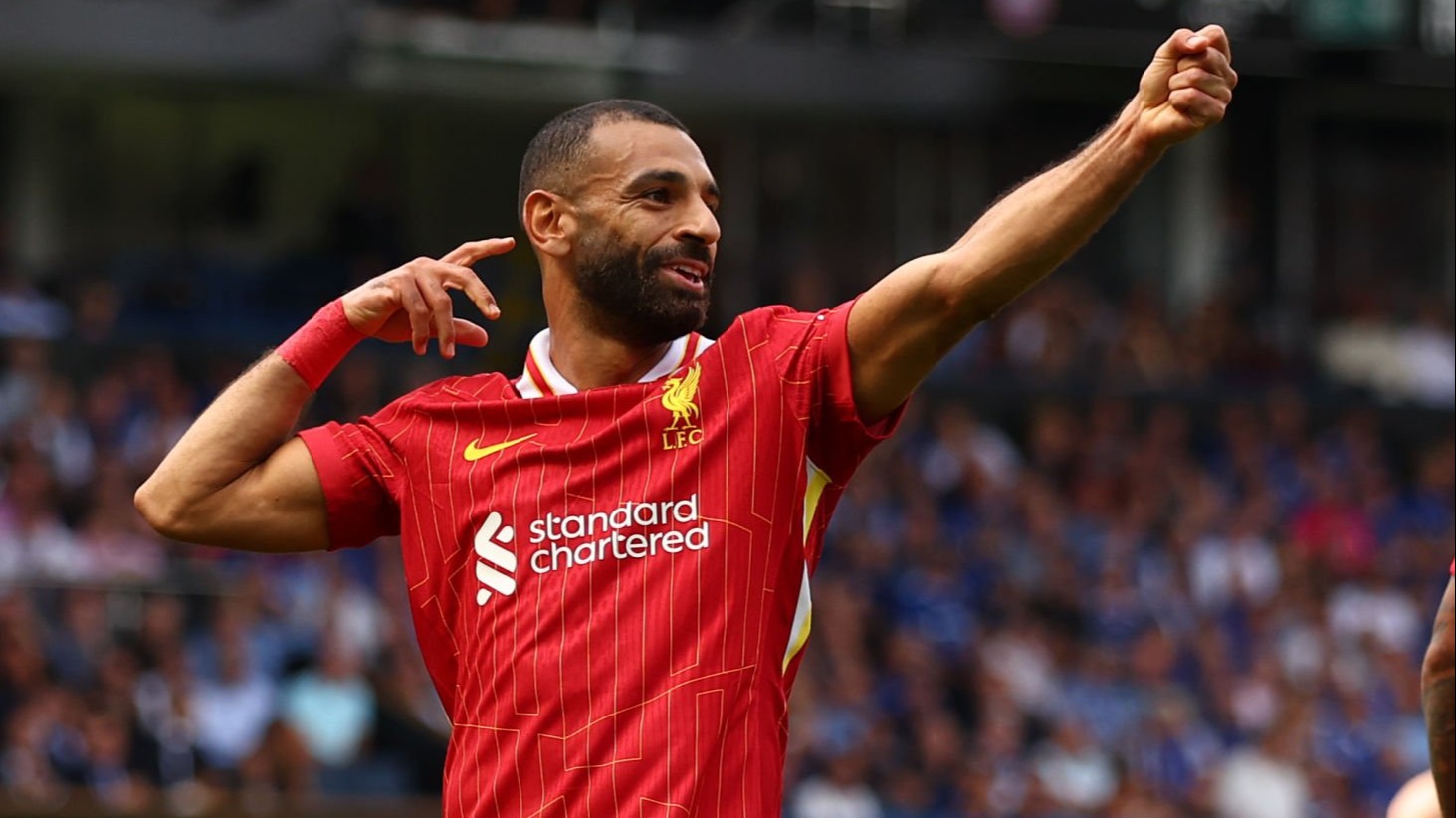 IPSWICH, ENGLAND - AUGUST 17: Mohamed Salah of Liverpool celebrates scoring his team's second goal during the Premier League match between Ipswich Town FC and Liverpool FC at Portman Road on August 17, 2024 in Ipswich, England. (Photo by Marc Atkins/Getty Images)