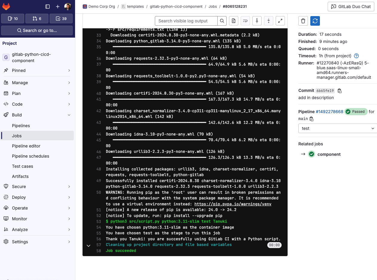 ci/cd component tutorial - pipeline running