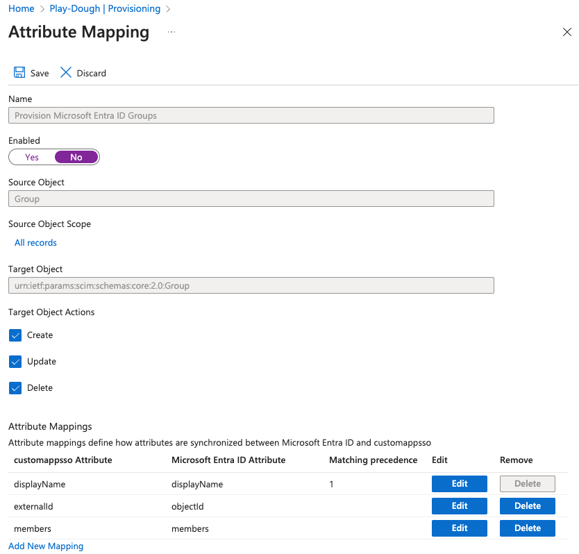 Provisioning attribute mapping