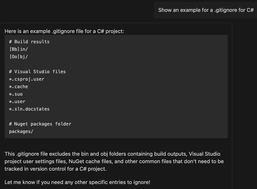 Chat prompt for a .gitignore for C# and response
