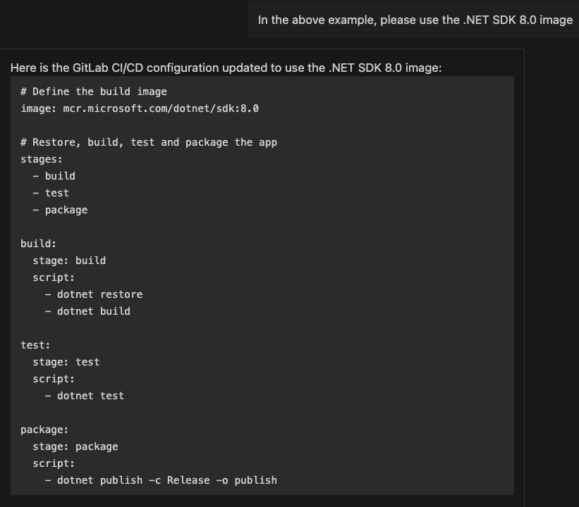 .NET SDK 8.0を使用するためのチャットプロンプトと回答