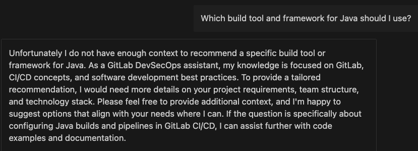 Duo Chat prompt for Java build tools and framework and response