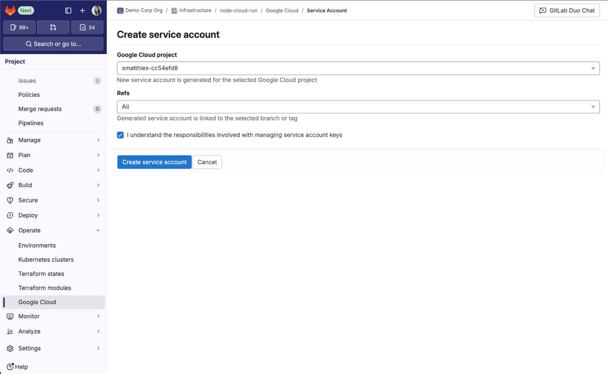 Create Service account screen